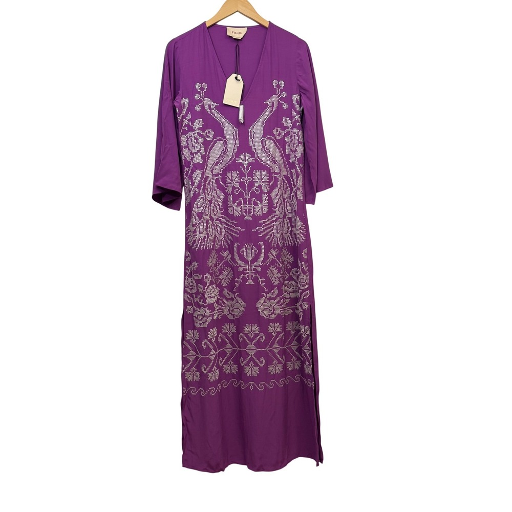 NEW Figue Dress Kaftan XS Purple Peacock Embroidered Maxi Spring Wedding Guest - Picture 3 of 14